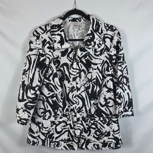 CJ Banks Jacket Women's Size 1X Black & White Abstract Zip Front Pockets - Picture 1 of 14